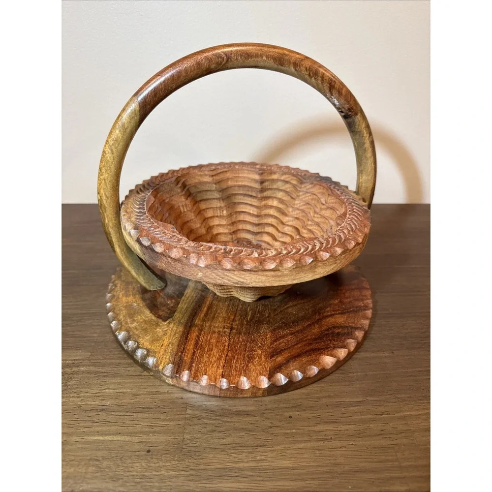 Vintage Hand Carved Wood Collapsible Spiral Basket Floral Folding Trivet Cottage